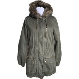 BANANA REPUBLIC Hooded Utility Parka Coat SZ S Army Olive Green Mid Length Twill